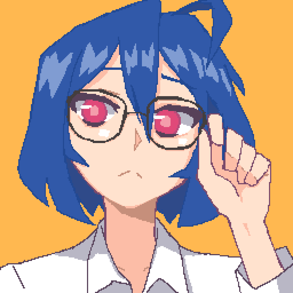 1girl adjusting_eyewear ahoge black-framed_eyewear blue_hair closed_mouth collarbone collared_shirt glasses hcnone long_sleeves looking_at_viewer office_lady original pink_eyes pixel_art shirt short_hair simple_background skye_(hcnone) solo white_shirt yellow_background