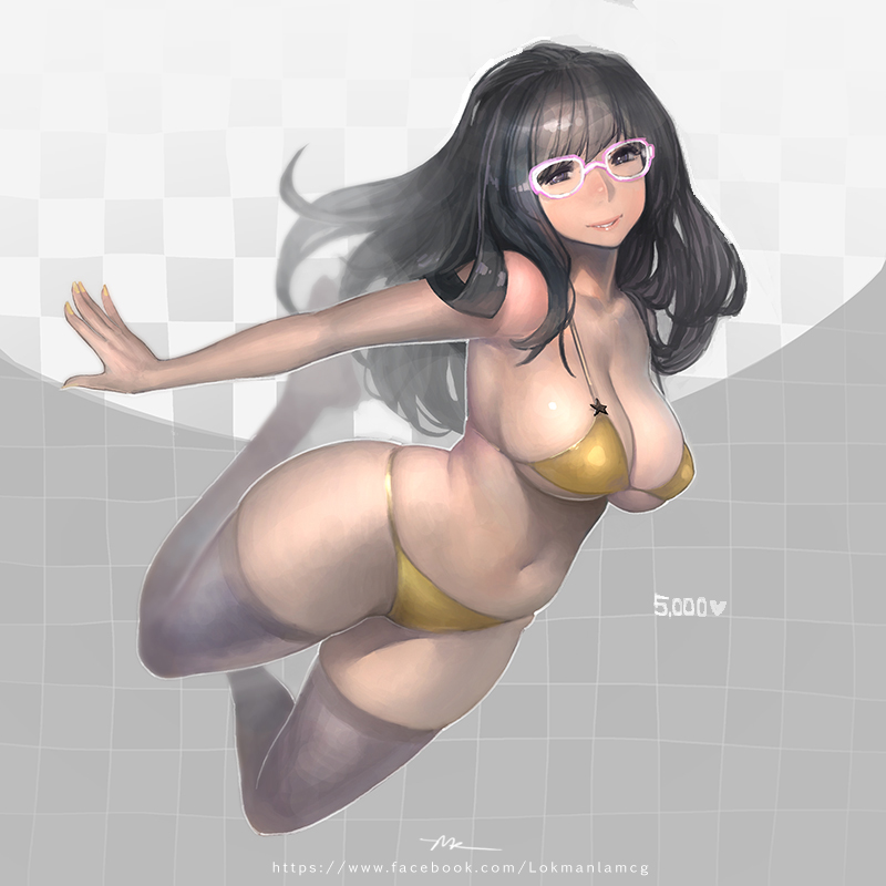 1girl bikini black_eyes black_hair breasts female_focus full_body glasses grin large_breasts lips lokman_lam long_hair original purple-framed_eyewear smile solo swimsuit thighhighs yellow_bikini