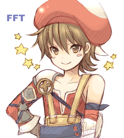 1boy androgynous armor blush brown_eyes brown_hair child final_fantasy final_fantasy_tactics_a2 final_fantasy_tactics_advance hat lowres luso_clemens male_focus pocopoco short_hair shoulder_pads solo star_(symbol) strap trap