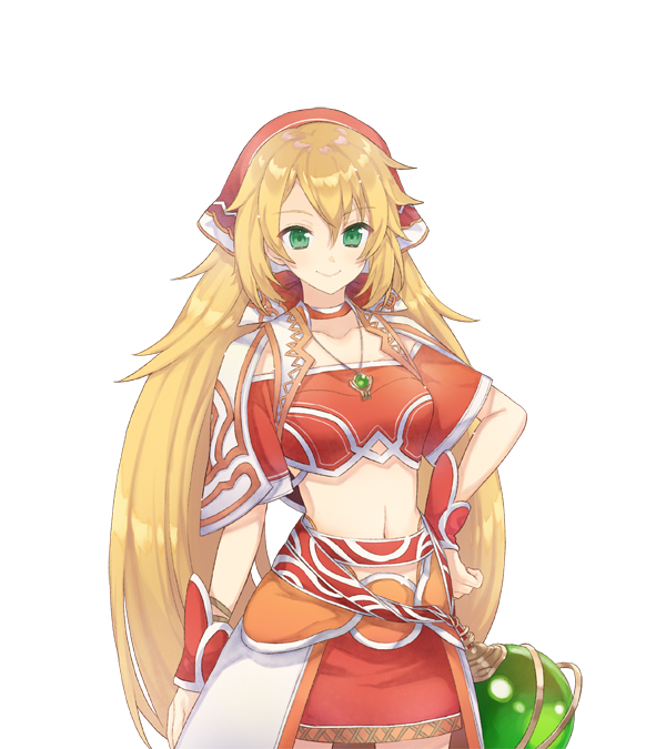 1girl atelier_(series) blonde_hair breasts closed_mouth cowboy_shot crop_top green_eyes hair_between_eyes hand_on_own_hip head_scarf jewelry long_hair looking_at_viewer mana_khemia_(series) mana_khemia_2 midriff necklace nelke_to_densetsu_no_renkinjutsushi_tachi noco_(adamas) official_art red_skirt simple_background skirt small_breasts smile solo standing ulrika_myberg very_long_hair white_background