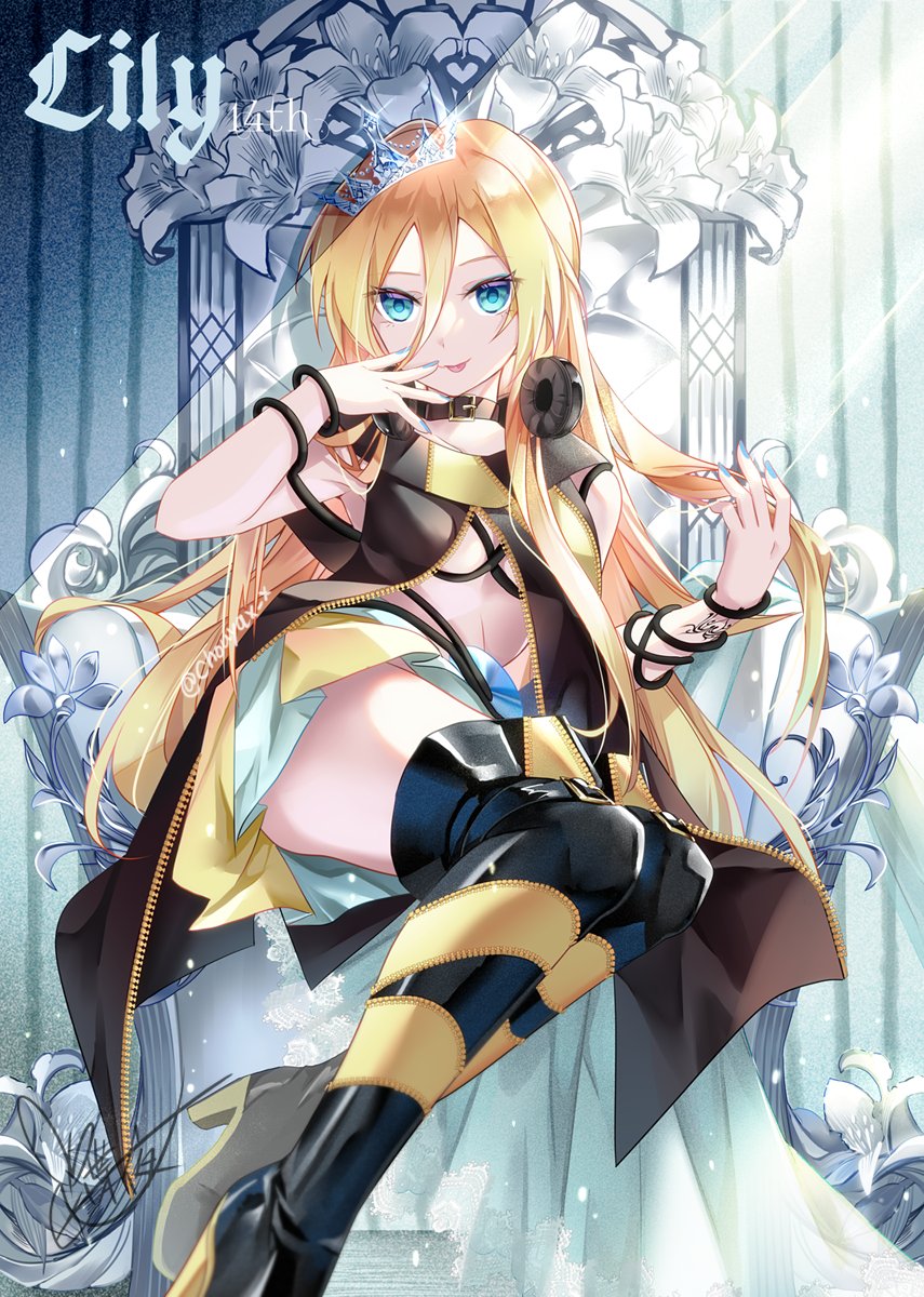 1girl :p belt_buckle black_choker blonde_hair blue_nails boots buckle cd character_name choker flower full_body hair_between_eyes highres lily_(vocaloid) long_hair looking_at_viewer revealing_clothes signature sitting skirt solo thigh_boots throne tongue tongue_out twitter_username tyouya vocaloid white_flower wrist_tattoo yellow_skirt