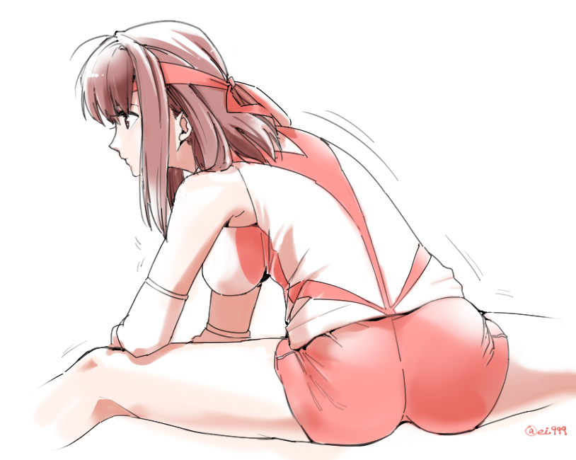 1girl ass brown_eyes brown_hair closed_mouth commentary ei_(akinosakae) elbow_pads female_focus from_behind girls_und_panzer headband kondou_taeko leaning_to_the_side medium_hair motion_lines one-hour_drawing_challenge red_headband red_shirt red_shorts shirt short_shorts shorts simple_background single_vertical_stripe sleeveless sleeveless_shirt solo split sportswear stretching twitter_username volleyball_uniform white_background