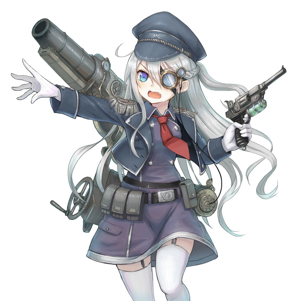 1girl belt blue_eyes braid cannon epaulettes fang female_focus garter_straps gloves grey_hair gun handgun hat jacket kai_(esugi) long_hair military military_uniform necktie open_mouth original pouch skirt solo ten_kurairakon_teikoku-gun tenkuu_no_craft_fleet thighhighs weapon white_gloves white_thighhighs