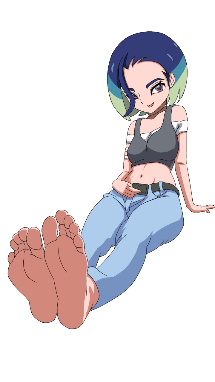 1girl barefoot brown_eyes creatures_(company) feet game_freak highres jmpdwgtdw938 looking_at_viewer medium_hair multicolored_hair nintendo parted_lips perrin_(pokemon) pokemon pokemon_sv soles toes