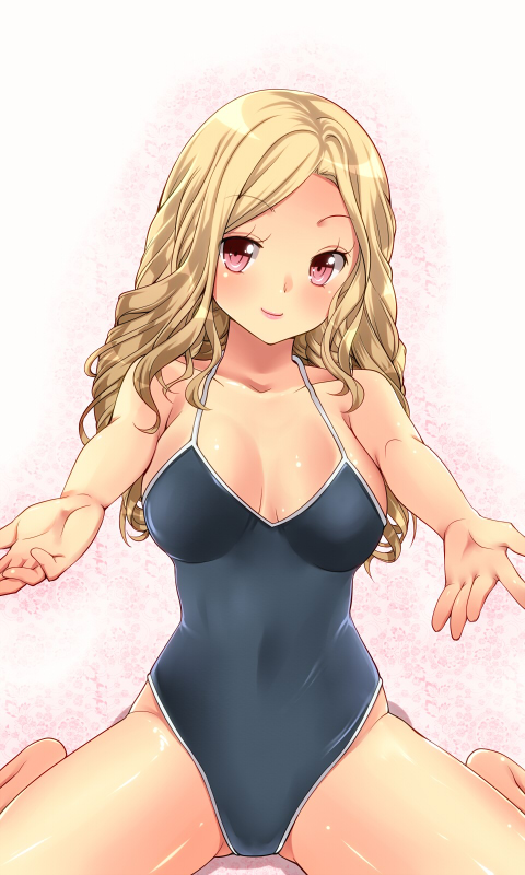 1girl amasora_taichi bad_id bad_tinami_id bare_legs bare_shoulders blonde_hair breasts cleavage collarbone female_focus large_breasts looking_at_viewer one-piece_swimsuit original outstretched_arms pink_eyes shiny_skin sitting smile solo swimsuit wariza