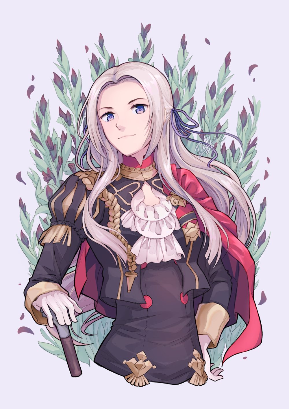 1girl cape closed_mouth dakiarts edelgard_von_hresvelg fire_emblem fire_emblem:_three_houses garreg_mach_monastery_uniform gloves hair_ribbon highres long_hair long_sleeves nintendo purple_eyes red_cape ribbon solo upper_body white_gloves white_hair