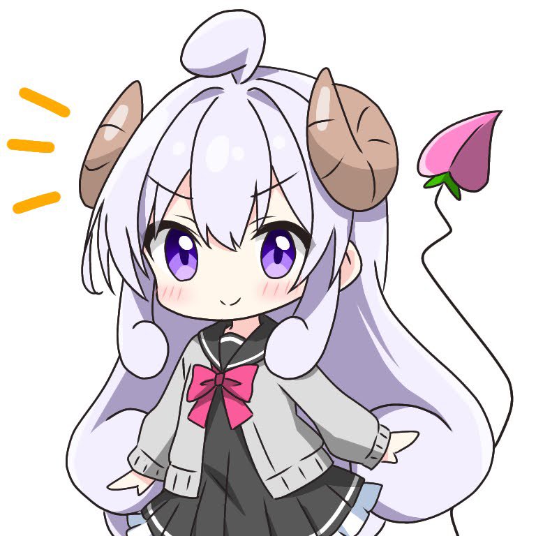 &gt;:) 1girl ahoge black_dress black_sailor_collar blush bow bowtie brown_horns cardigan closed_mouth commentary_request curled_horns curly_hair demon_girl demon_tail dress frilled_dress frills grey_cardigan horns kotatsu-mazoku lilith_(machikado_mazoku) lilith_(machikado_mazoku)_(homunculus) long_hair long_sleeves looking_at_viewer machikado_mazoku notice_lines pink_bow pink_bowtie pleated_dress purple_eyes purple_hair sailor_collar sidelocks simple_background smile solo tail upper_body v-shaped_eyebrows white_background