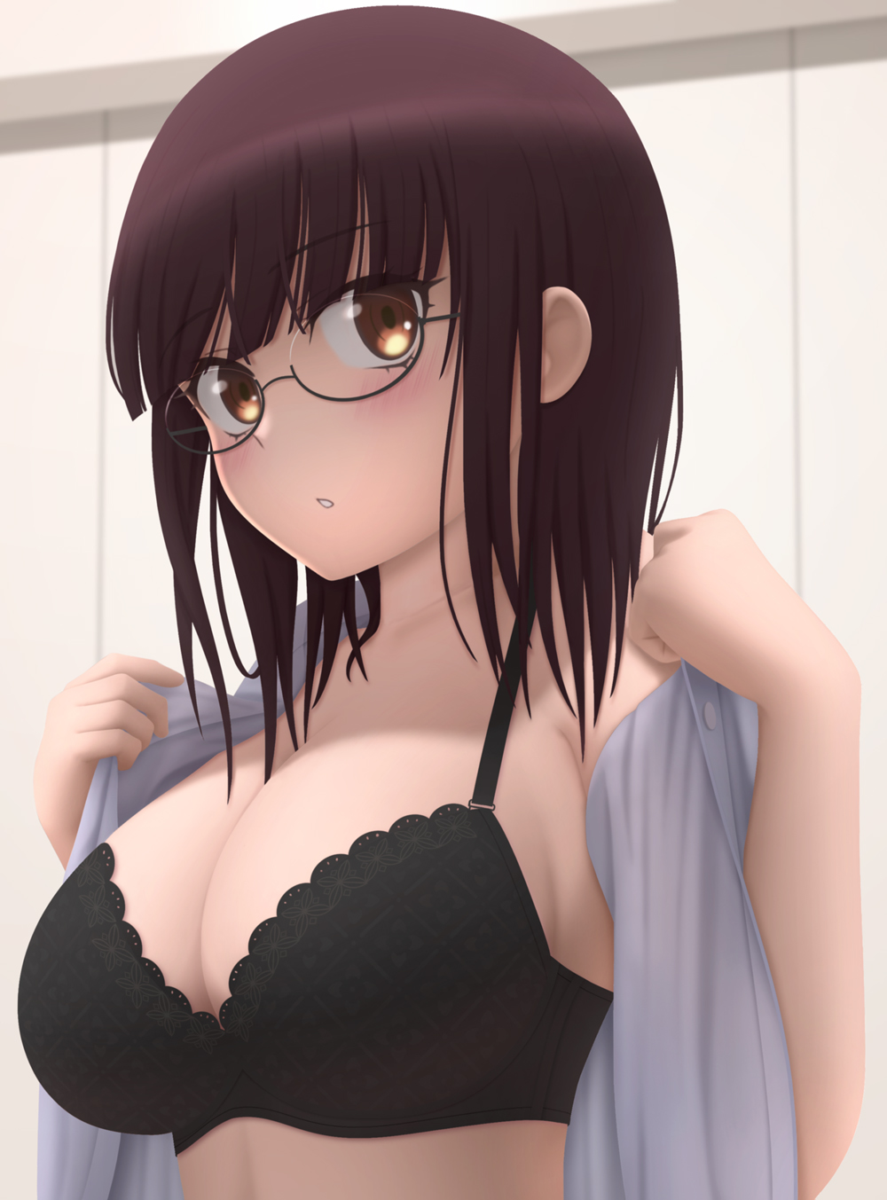 1girl black_bra blunt_bangs blush bra breasts brown_eyes brown_hair cleavage collarbone fujimiya_sumika_(isekai_ojisan) glasses highres isekai_ojisan large_breasts looking_at_viewer open_clothes open_shirt shirt short_hair short_sleeves sidelocks siraha solo underwear white_shirt