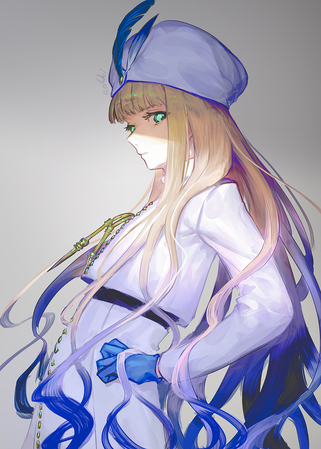 1boy blonde_hair blue_eyes blue_gloves blue_hair blunt_bangs closed_mouth fate/grand_order fate/grand_order_arcade fate_(series) gloves hat_feather highres jacket long_hair long_sleeves looking_at_viewer male_focus military military_uniform multicolored_hair naval_uniform noah_(fate) shirt simple_background solo turban very_long_hair waterstaring white_jacket