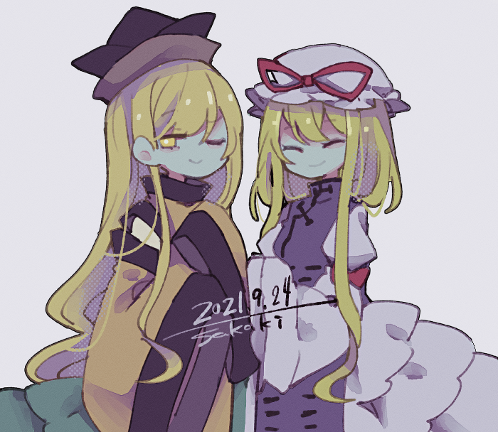 2girls blonde_hair bow cape closed_eyes closed_mouth cosmicmind dress hat long_hair long_sleeves matara_okina mob_cap multiple_girls one-hour_drawing_challenge red_bow shirt sitting skirt smile tabard touhou yakumo_yukari