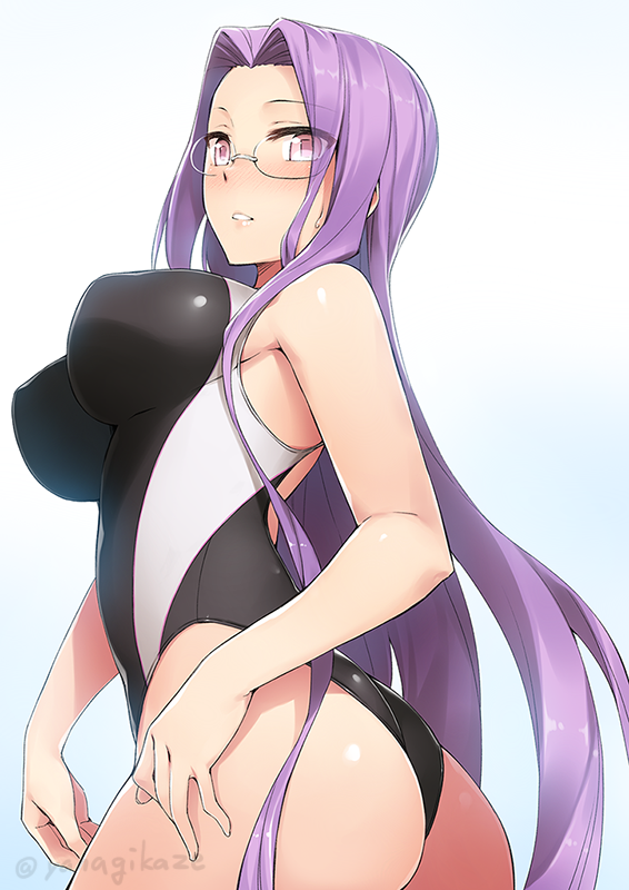 1girl armpit_peek ass bare_arms bare_shoulders black_one-piece_swimsuit blush breasts commentary_request competition_swimsuit covered_erect_nipples cowboy_shot fate/stay_night fate_(series) female_focus from_side glasses hair_intakes large_breasts long_hair looking_at_viewer looking_to_the_side medusa_(fate) medusa_(rider)_(fate) nose_blush one-piece_swimsuit pink_eyes purple_hair solo square_pupils sweat swimsuit twitter_username very_long_hair yanagi_(tsukiakari)