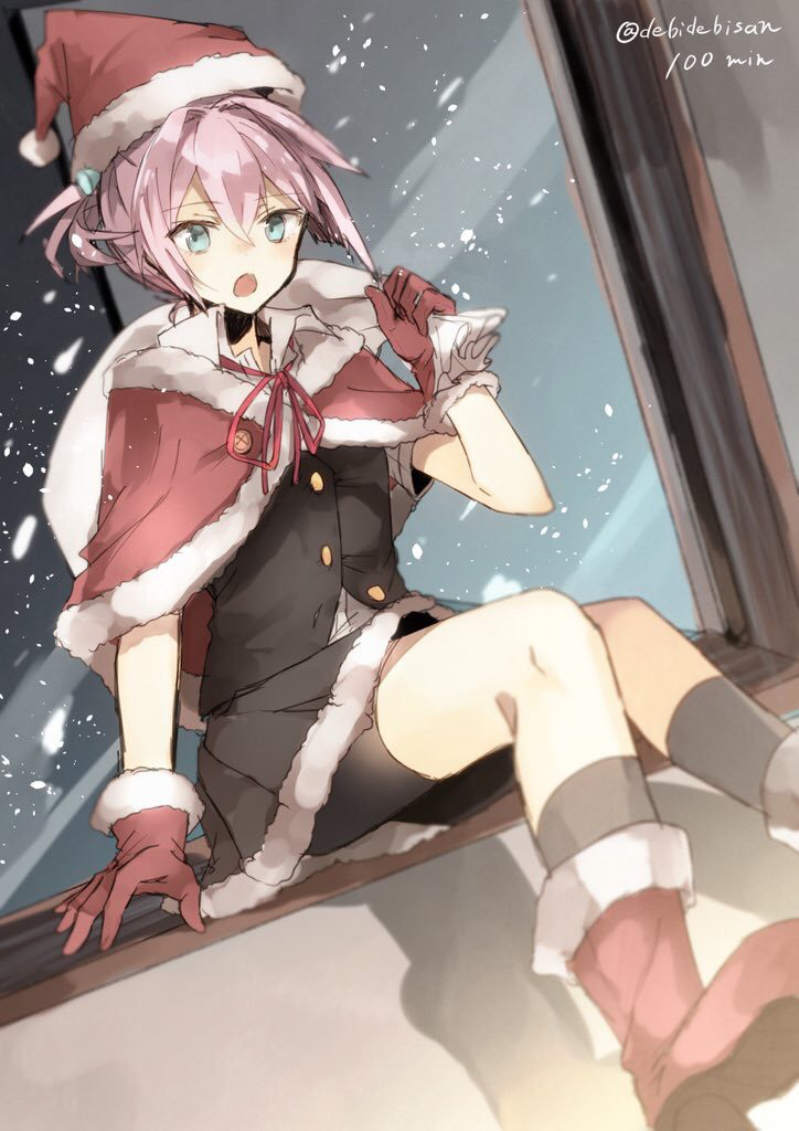 1girl bike_shorts black_legwear black_shorts blue_eyes boots chibirisu female_focus fur_trim gloves grey_skirt grey_vest hair_between_eyes hair_intakes hat kantai_collection open_mouth pink_hair pleated_skirt pom_pom_(clothes) ponytail red_footwear red_gloves santa_boots santa_gloves santa_hat shiranui_(kancolle) short_hair shorts shorts_under_skirt sitting skirt snowing solo twitter_username vest