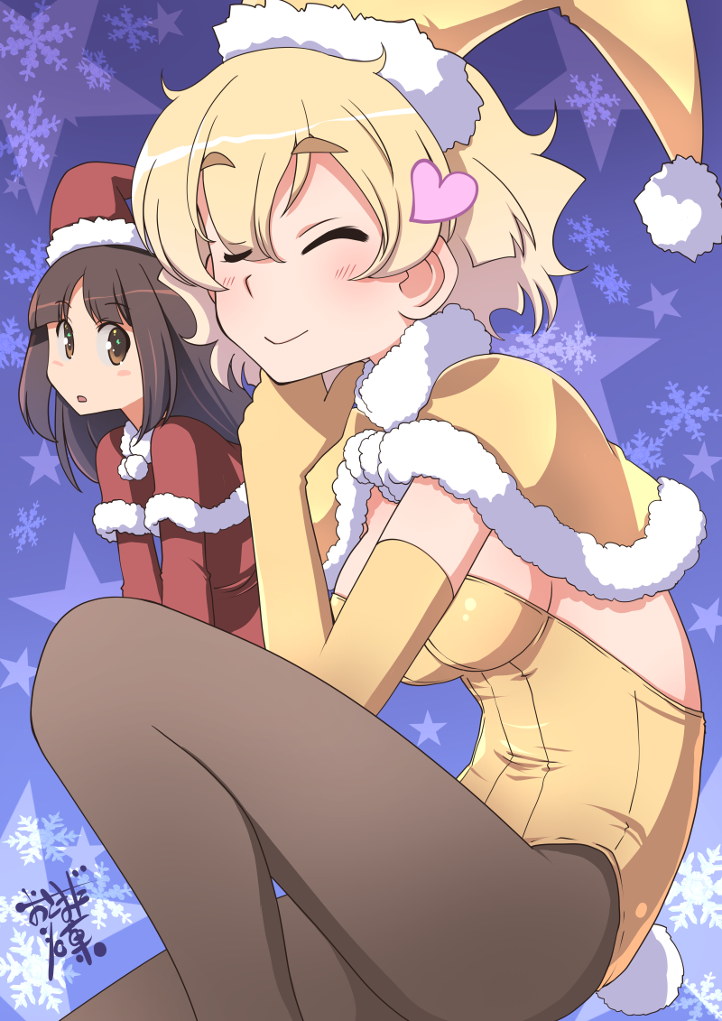 2girls black_pantyhose blonde_hair blue_background breasts brown_eyes brown_hair capelet closed_eyes elbow_gloves fur-trimmed_capelet fur-trimmed_headwear fur_trim gloves hat leotard long_hair medium_breasts multiple_girls original osamada_meika pantyhose red_capelet red_hat santa_costume santa_hat short_hair signature snowflake_background snowflakes star_(symbol) star_symbol_background strapless strapless_leotard yellow_capelet yellow_gloves yellow_hat yellow_leotard