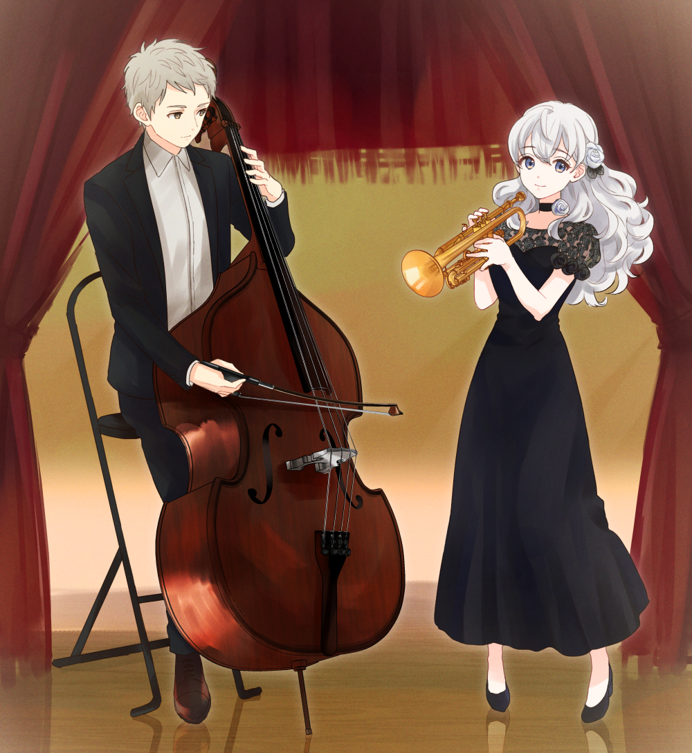 1boy 1girl black_dress black_suit bow_(music) cello curtains dress flower flower_ornament formal full_body fuyusaka_iori grey_eyes hair_flower hair_ornament holding holding_bow_(music) holding_instrument holding_trumpet indoors instrument juliet_sleeves juusan_kihei_bouei_ken long_hair long_sleeves music playing_instrument puffy_short_sleeves puffy_sleeves sekigahara_ei shirt short_hair short_sleeves smile stage stage_curtains suit trumpet wacopeco wavy_hair white_flower white_hair white_shirt