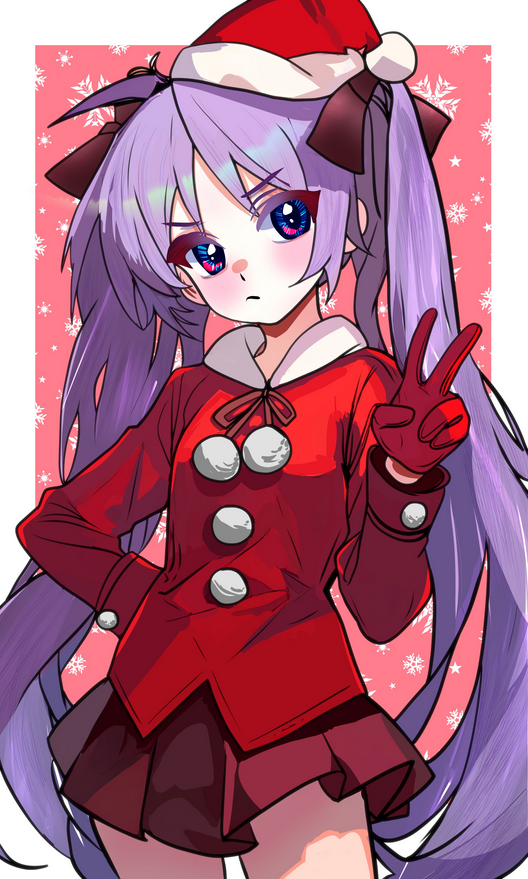 1girl ahoge blue_eyes blush bow christmas commentary_request cowboy_shot gloves hair_bow hand_on_own_hip hat hiiragi_kagami kisaragi_shokuin long_hair long_sleeves looking_at_viewer lucky_star pleated_skirt pom_pom_(clothes) purple_hair santa_costume santa_hat skirt snowflakes twintails v very_long_hair