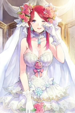 1girl bare_shoulders blue_eyes blush bow breasts choker cleavage dress female_focus flower frills gathers gloves hakou_(barasensou) jewelry large_breasts long_hair lowres necklace open_mouth pink_flower pink_rose red_hair rihanna_(sword_girls) rose solo sword_girls tears veil wedding_dress