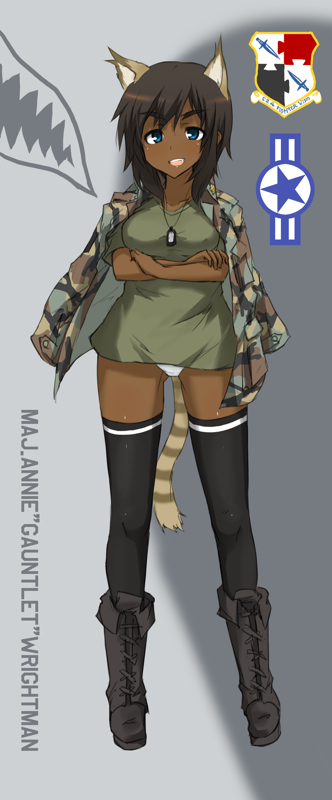 1girl animal_ears bad_id bad_pixiv_id blue_eyes boots brown_hair camouflage commentary_request dakku_(ogitsune) dark-skinned_female dark_skin dog_tags female_focus jacket jacket_on_shoulders open_mouth panties solo strike_witches strike_witches_1991 tail thighhighs underwear very_dark_skin white_panties world_witches_series