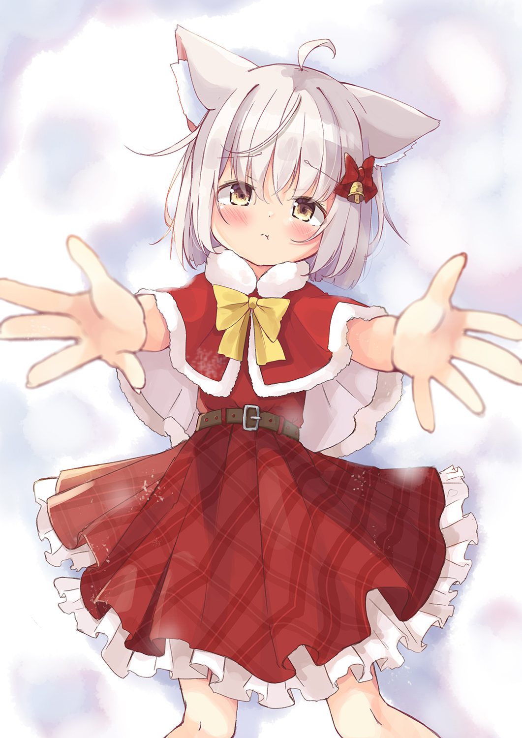 1girl :t ahoge animal_ear_fluff animal_ears bed_sheet bell blush bow brown_eyes capelet cat_ears closed_mouth commentary_request dress feet_out_of_frame frilled_dress frills fur-trimmed_capelet fur_trim grey_hair hair_bell hair_between_eyes hair_bow hair_ornament highres looking_at_viewer lying manabe_mana on_back original outstretched_arms plaid_clothes plaid_dress pleated_dress pout red_bow red_capelet red_dress solo yellow_bow