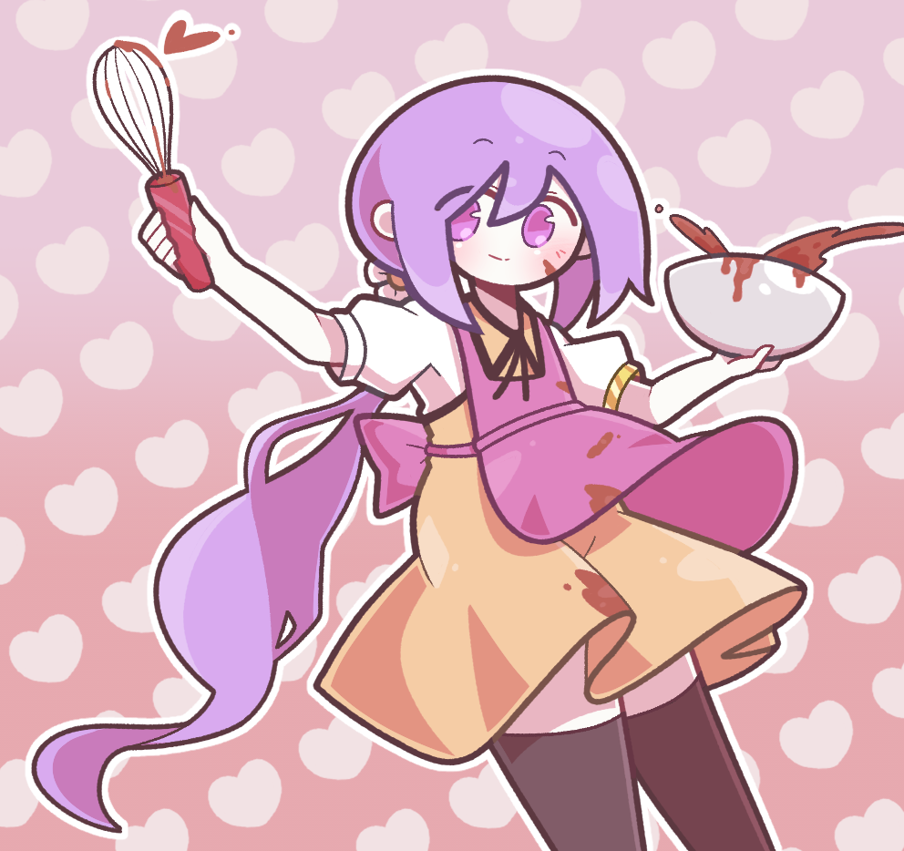 1girl back_bow baek_ban black_thighhighs bow bowl closed_mouth collared_dress dress flat_chest hair_between_eyes heart heart_background holding holding_bowl holding_whisk icing long_hair pink_bow pink_hair puffy_short_sleeves puffy_sleeves purple_eyes purple_hair shirt short_sleeves smile solo thighhighs touhou tsukumo_benben whisk white_shirt yellow_dress