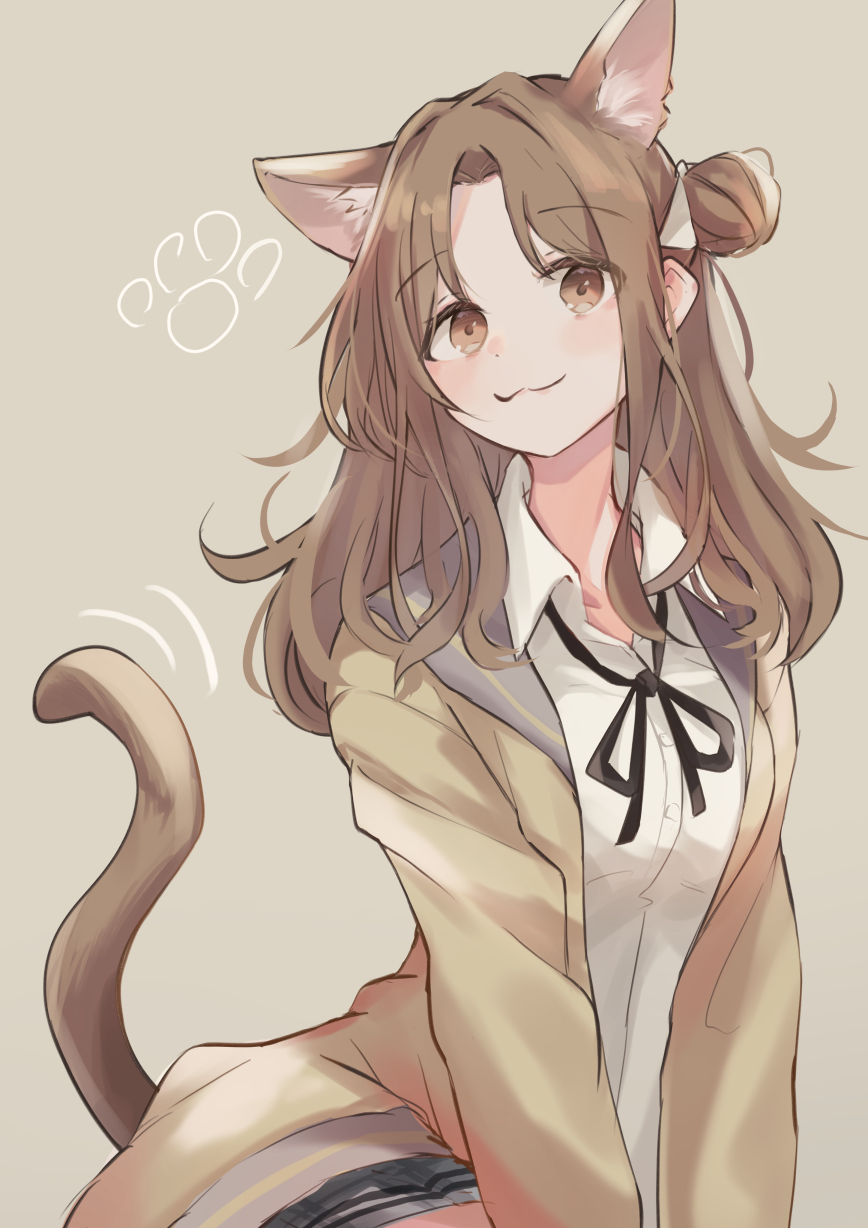 1girl :3 animal_ears breasts brown_eyes brown_hair cardigan cat_ears cat_girl cat_tail female_focus grey_background hair_bun hair_intakes highres ichikawa_hinana idolmaster idolmaster_shiny_colors looking_at_viewer matching_hair/eyes medium_breasts mogupon motion_lines neck_ribbon open_collar own_hands_together parted_bangs paw_print ribbon school_uniform shirt simple_background single_hair_bun solo tail white_shirt yellow_cardigan