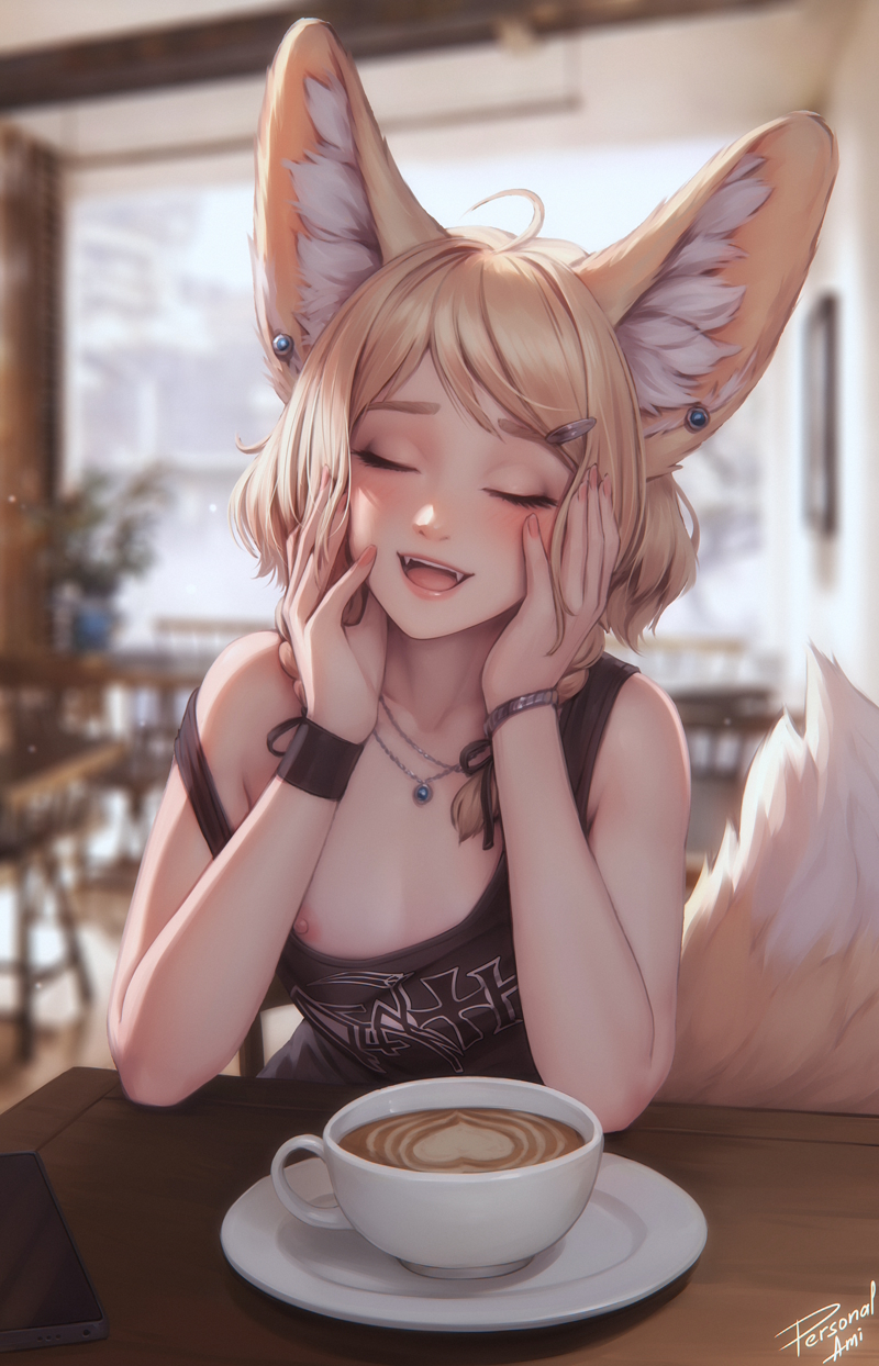 1girl ahoge animal_ear_piercing animal_ears black_tank_top blonde_hair bracelet braid cafe closed_eyes cup fangs flat_chest fox_ears fox_girl fox_tail hair_ornament hairclip hands_on_own_cheeks hands_on_own_face highres indoors jewelry khiara_(personal_ami) large_ears medium_hair necklace nipple_slip nipples open_mouth original personal_ami signature solo strap_slip tail tank_top upper_body