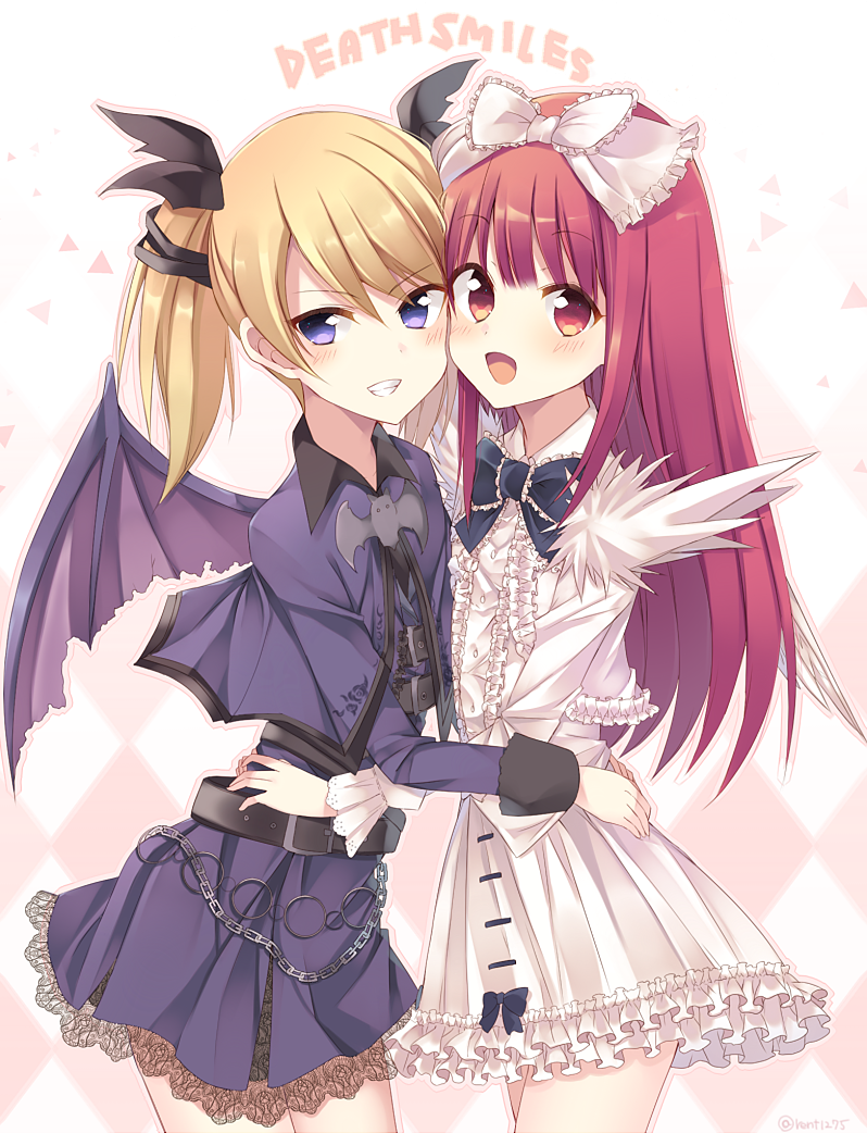 2girls bat_ornament bat_wings belt black_bow black_ribbon blonde_hair bow casper_(deathsmiles) copyright_name deathsmiles dress english_text hair_bow hug long_hair long_sleeves multiple_girls purple_dress purple_eyes red_eyes red_hair rento_(rukeai) ribbon short_hair title triangle twintails white_dress windia_(deathsmiles) wings