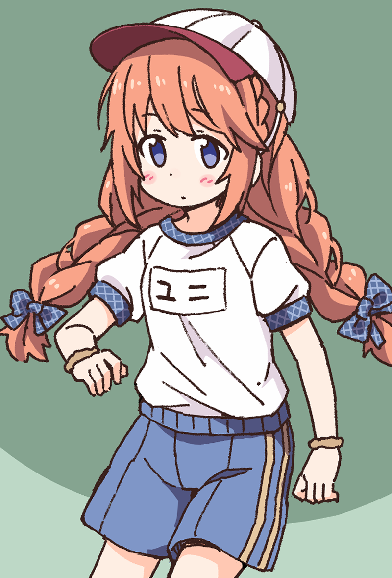 1girl baseball_cap blue_bow blue_eyes blue_shorts blush_stickers bow braid brown_hair closed_mouth commentary_request green_background gym_shirt gym_shorts gym_uniform hair_bow hat long_hair looking_at_viewer low_twintails multicolored_hair name_tag nekotoufu plaid_bow princess_connect! puffy_short_sleeves puffy_sleeves shirt short_shorts short_sleeves shorts solo twin_braids twintails two-tone_hair very_long_hair white_hat white_shirt yuni_(princess_connect!) yuni_(school_festival)_(princess_connect!)