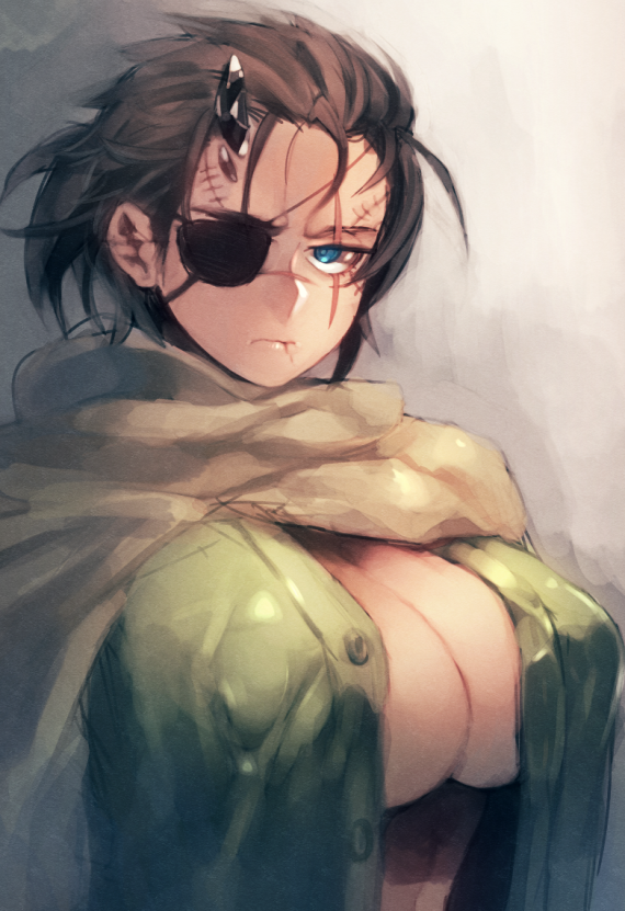 big_boss blue_eyes breasts brown_hair cleavage eyepatch genderswap genderswap_(mtf) metal_gear_(series) metal_gear_solid metal_gear_solid_v:_the_phantom_pain norasame_(dagako) open_clothes open_shirt ponytail scar scar_on_face scarf venom_snake