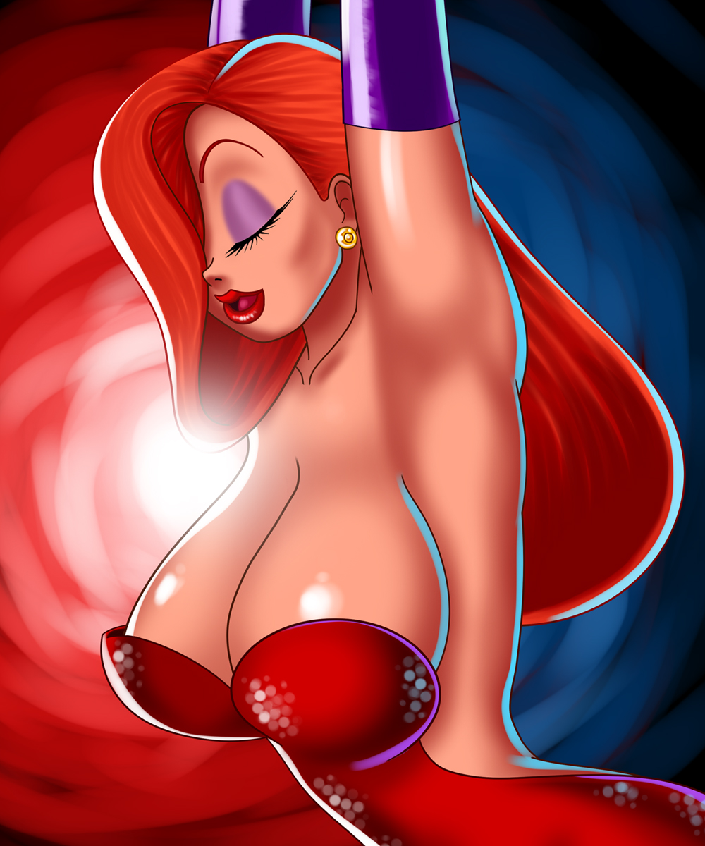 1girl bluebullpen breasts female_focus hair_over_one_eye highres jessica_rabbit large_breasts orange_hair smile solo who_framed_roger_rabbit