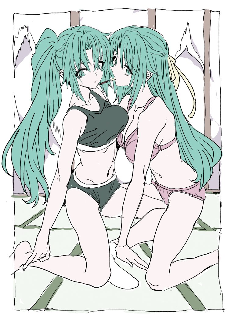 2girls arm_support bare_legs bare_shoulders barefoot black_bra black_panties blush border bra breast_press breasts cleavage collarbone food green_eyes green_hair groin hair_ribbon high_ponytail higurashi_no_naku_koro_ni kneeling large_breasts long_hair looking_at_viewer mouth_hold multiple_girls navel nobita_(makoto7060355) outside_border panties pink_bra pink_panties pocky pocky_kiss ponytail ribbon shared_food shouji siblings sisters sitting sketch sliding_doors sonozaki_mion sonozaki_shion sports_bra tatami twins underwear underwear_only very_long_hair white_border yuri