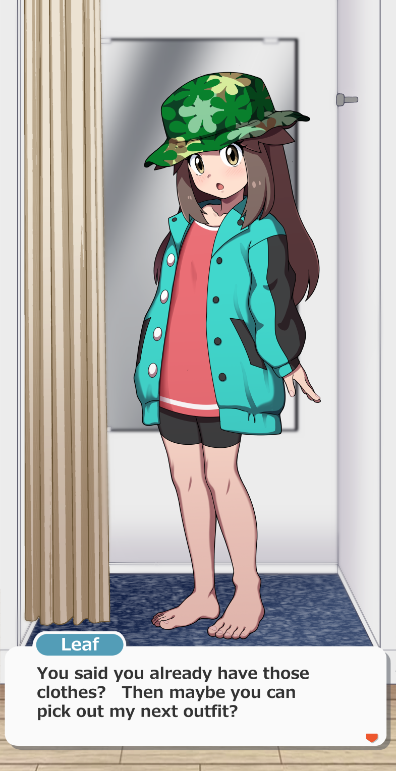 1girl :o arrow_(symbol) barefoot bike_shorts brown_eyes brown_hair buttons character_name commentary_request commission creatures_(company) curtains dialogue_box english_text eyelashes fitting_room full_body game_freak green_hat green_jacket hair_flaps hat highres indoors jacket knees kohatsuka leaf_(pokemon) leaf_(sygna_suit)_(pokemon) long_hair looking_at_viewer nintendo official_alternate_costume open_clothes open_jacket open_mouth pink_shirt pixiv_commission pokemon pokemon_masters_ex shirt sidelocks solo standing toes wooden_floor