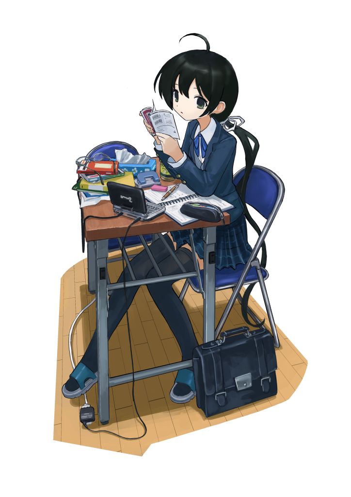 1girl ahoge anbiyori bag black_hair blazer book chair green_eyes jacket long_hair original plaid_clothes plaid_skirt school_bag school_uniform shoes sitting skirt solo