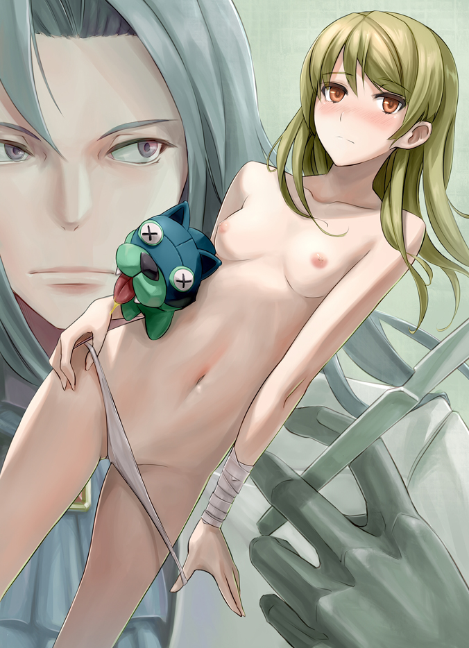 1boy 1girl bad_id bad_pixiv_id bandages blonde_hair breasts kurowa long_hair navel nipples panties scalpel sheri small_breasts stuffed_animal stuffed_toy topless underwear unlight walken_(unlight) white_panties yellow_eyes