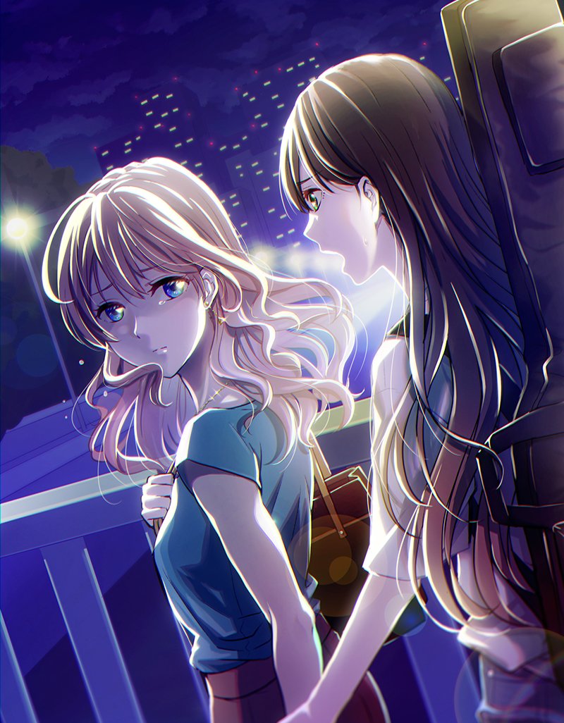 bag bang_dream! black_hair blue_eyes bridge brown_hair crying earrings green_eyes hachikai_hacchi hanazono_tae handbag holding_hands jewelry lamppost long_hair looking_at_another neck_ring night open_mouth skirt sweat tears yamabuki_saya