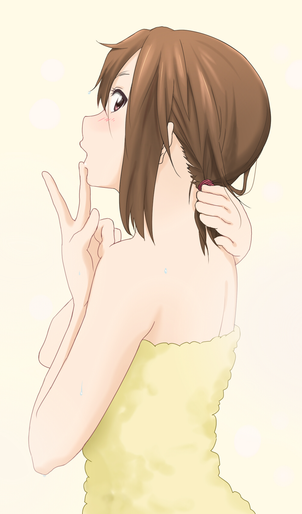 1girl alternate_hairstyle bad_id bad_pixiv_id brown_eyes brown_hair female_focus from_behind highres hirasawa_yui holding holding_own_hair k-on! kanau looking_back naked_towel short_hair solo towel v