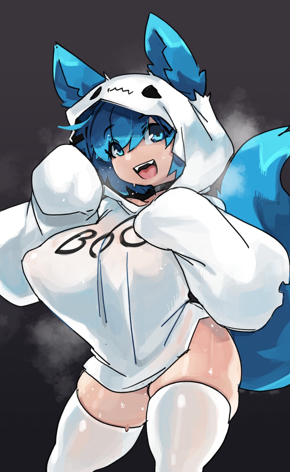 1girl animal_ears black_choker blue_eyes blue_hair borrowed_character breasts choker covered_erect_nipples english_text fangs fox_ears fox_girl fox_tail ghost_costume hair_between_eyes hoodie kyo_ashryver large_breasts large_tail no_bra open_mouth original paw_pose short_hair simple_background skindentation sleeves_past_fingers sleeves_past_wrists solo steam sweat tail teeth thick_thighs thighhighs thighs upper_teeth_only white_hoodie white_thighhighs zanamaoria