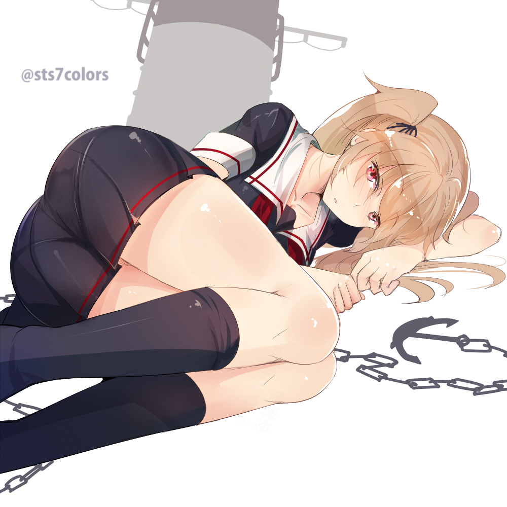 10s 1girl anchor ass black_serafuku black_socks blonde_hair chain collarbone female_focus hair_ribbon kantai_collection kneehighs looking_at_viewer lying miniskirt murasame_(kancolle) on_side pantylines parted_lips pleated_skirt red_eyes ribbon school_uniform serafuku skirt socks solo sts twintails white_background