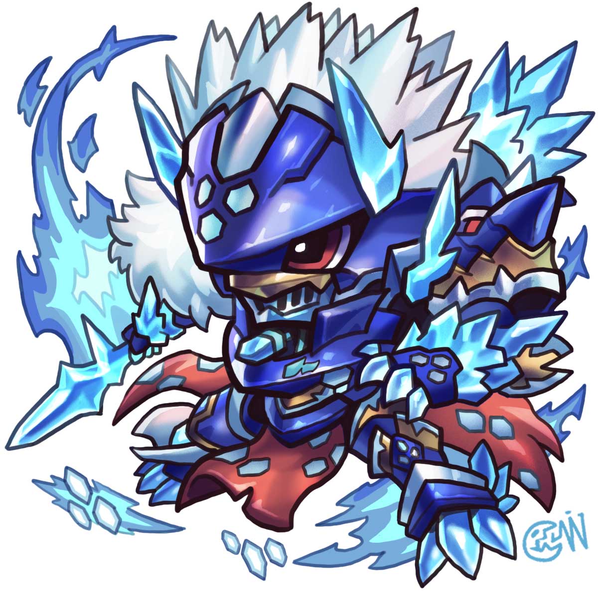 armor artist_logo blue_armor blue_helmet chibi commentary commission cwdw digimon digimon_(creature) english_commentary helmet hexeblaumon highres ice knight logo simple_background white_background white_hair