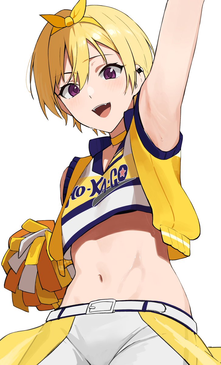 1girl armpits belt blonde_hair bow cheerleader ear_piercing garuku1120 hair_bow highres idolmaster idolmaster_shiny_colors midriff multicolored_shirt navel open_mouth piercing pom_pom_(cheerleading) purple_eyes saijo_juri short_hair shorts smile vest white_shorts yellow_bow yellow_vest