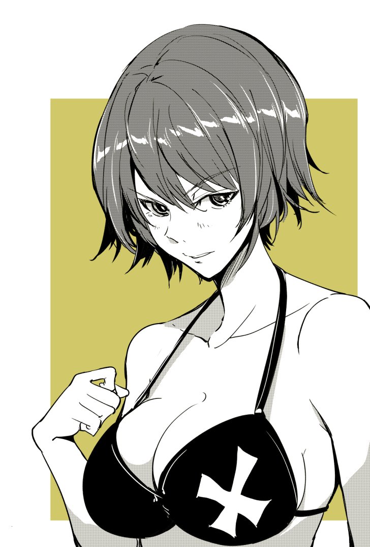 1girl bikini blush bonkara_(sokuseki_maou) breasts cleavage collarbone commentary cross cross_patty cross_print girls_und_panzer green_background greyscale greyscale_with_colored_background iron_cross light_blush looking_at_viewer medium_breasts monochrome nishizumi_maho outside_border parted_lips partially_colored print_bikini short_hair smile solo swimsuit upper_body