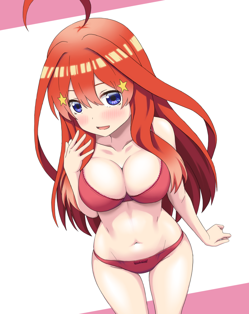 1girl ahoge blue_eyes blush bow bow_panties bra breasts cleavage collarbone commission cowboy_shot go-toubun_no_hanayome hair_ornament hand_up large_breasts long_hair looking_at_viewer nakano_itsuki navel open_mouth panties red_bra red_hair red_panties skeb_commission solo standing star_(symbol) star_hair_ornament stomach underwear underwear_only vierosky