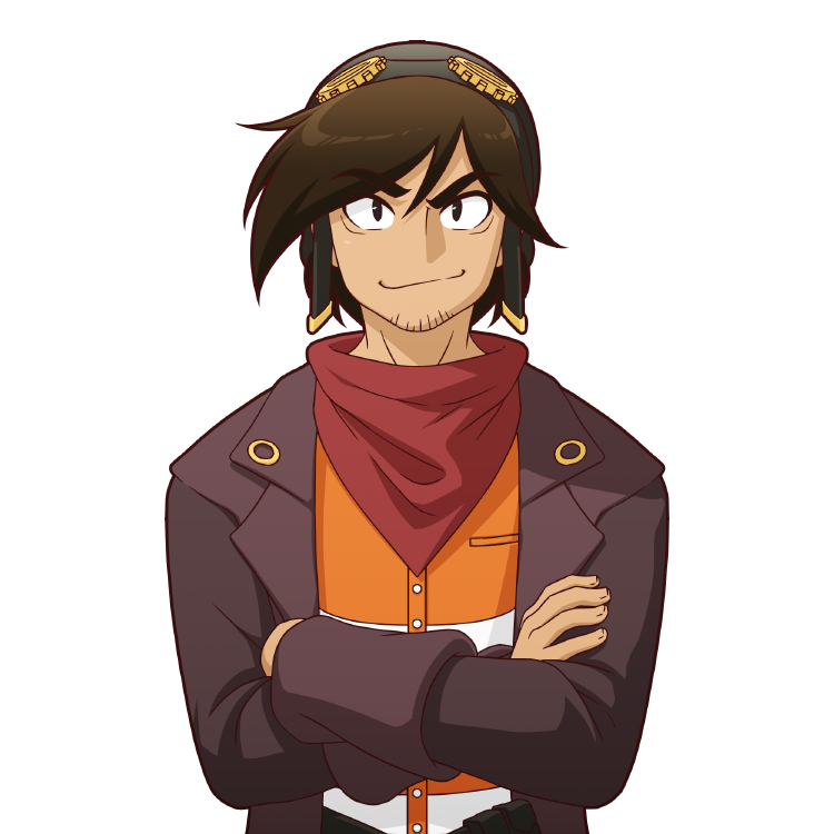 1boy black_eyes black_hat brown_hair brown_jacket crossed_arms deponia facial_hair goatee hat jacket male_focus mike_inel neckerchief raised_eyebrow red_neckerchief rufus_(deponia) smile solo transparent_background upper_body