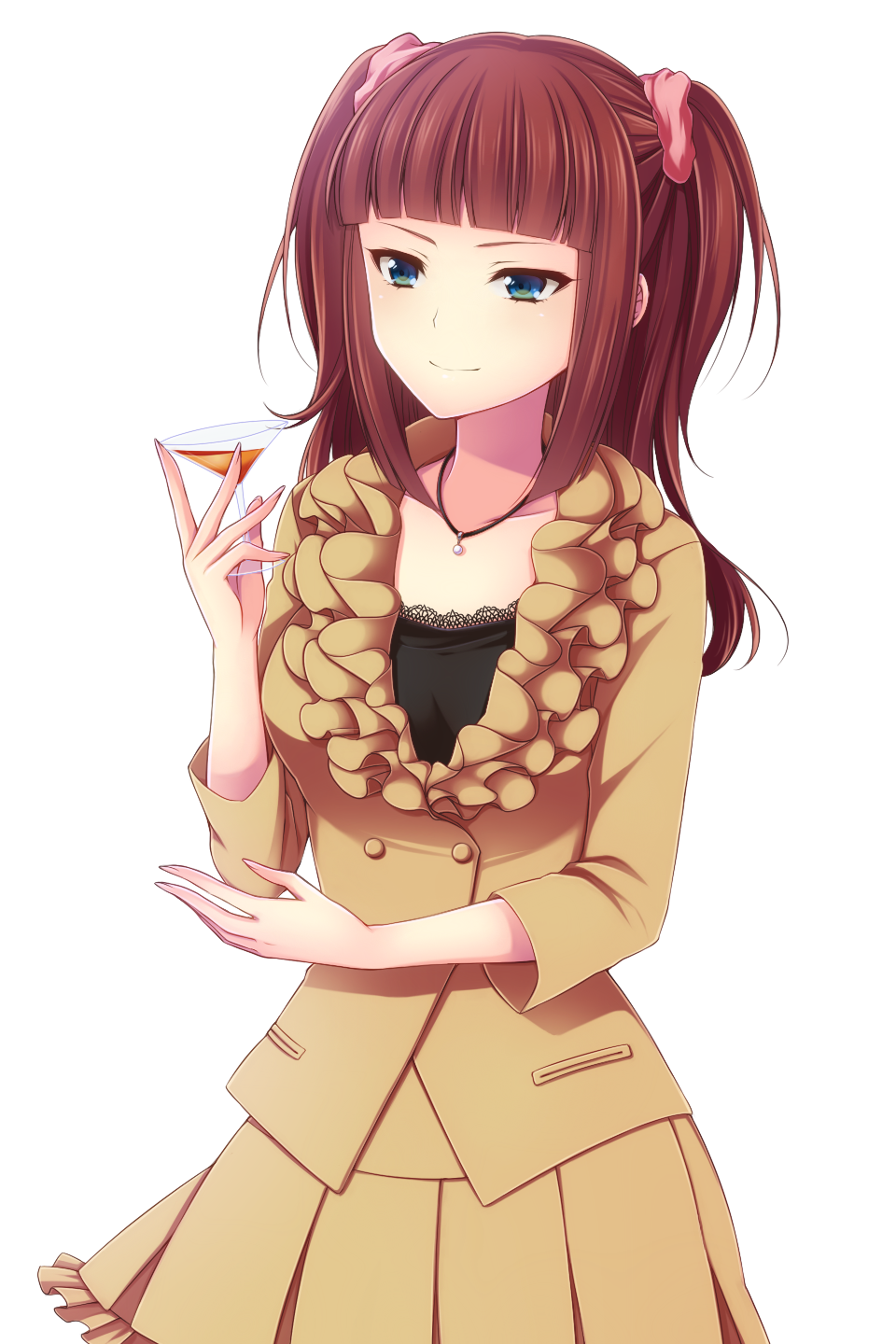 1girl blue_eyes coat cup dress drink drinking_glass female_focus frills highres jewelry long_hair necklace no_naku_koro_ni_(series) red_hair ryuukishi07 smile solo transparent_background twintails two_side_up umineko_no_naku_koro_ni ushiromiya_ange uzu_hi wine_glass