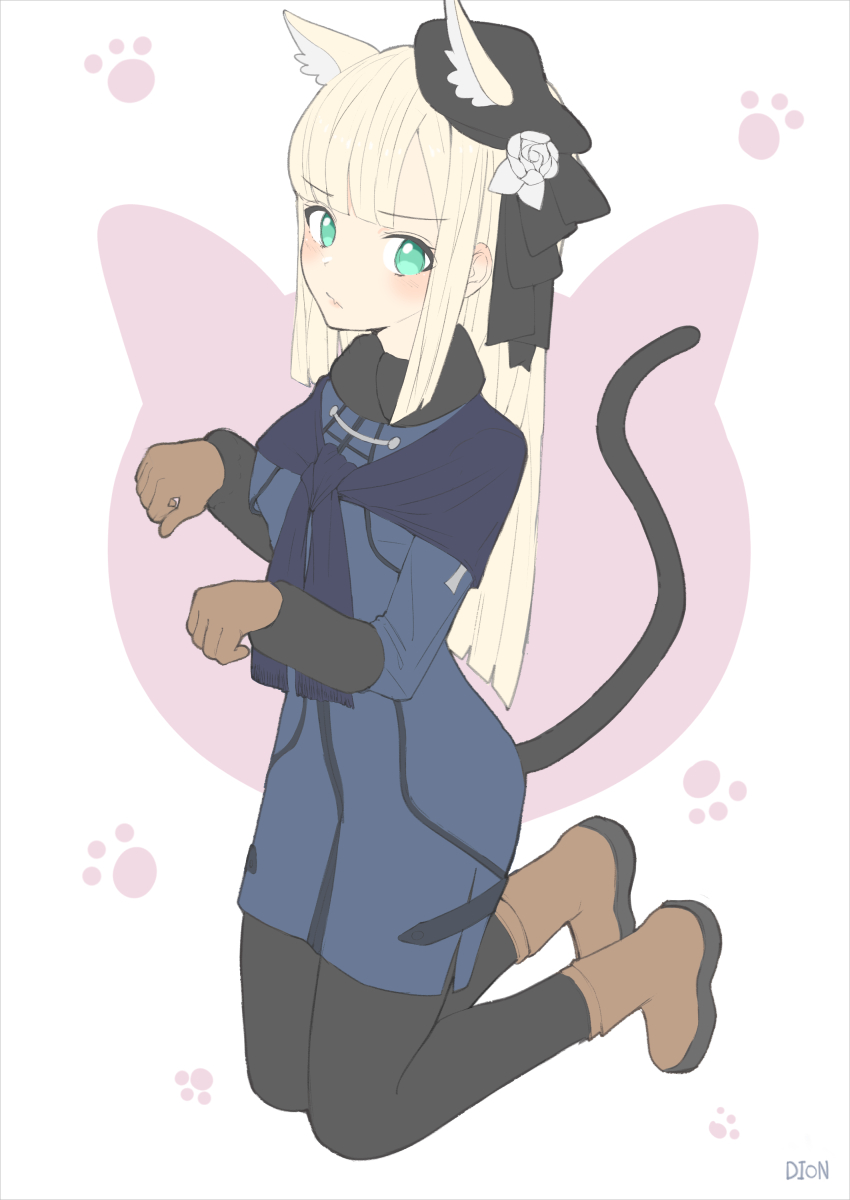 1girl animal_ear_fluff animal_ears artist_name black_hat black_pantyhose blonde_hair blue_jacket blunt_bangs blush boots breasts brown_footwear brown_gloves cat_ears cat_girl cat_tail commentary dopoing fate/grand_order fate_(series) flower full_body gloves green_eyes hair_flower hair_ornament hat highres jacket kneeling long_hair long_sleeves looking_at_viewer medium_breasts mini_hat pantyhose paw_pose paw_print reines_el-melloi_archisorte rose solo tail tail_raised white_flower white_rose