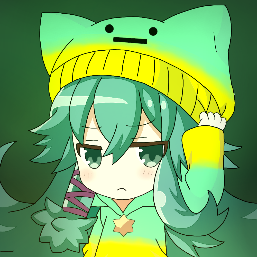 1girl alternate_costume beanie chibi closed_mouth date_a_live earflap_beanie green_eyes green_hair hat jacket kotori_(user_xdvj3282) long_hair long_sleeves kyouno_natsumi solo star_(symbol)