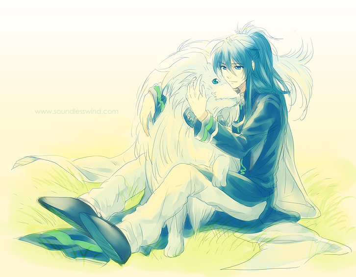 1boy bad_id bad_pixiv_id blue_eyes blue_hair character_request grass hug kaze-hime male_focus matching_hair/eyes ponytail sitting smile solo watermark web_address white_hair