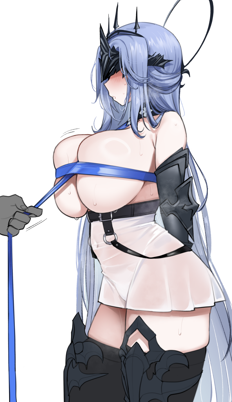 1girl 1other alsace_(azur_lane) armored_gloves armored_legwear arms_behind_back azur_lane black_blindfold black_thighhighs black_tiara blindfold blue_hair blue_ribbon blush breast_ribbon breasts commentary covered_navel cowboy_shot from_side halo halo_behind_head highres huge_breasts long_hair miniskirt nago_purin nose_blush number-only_commentary open_mouth ribbon shiny_skin simple_background skirt sweat thighhighs tiara topless underbust very_long_hair white_background white_skirt zettai_ryouiki