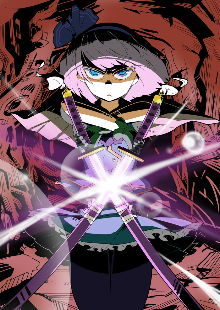 1girl :&lt; bad_id bad_pixiv_id black_pantyhose blue_eyes dual_wielding female_focus gloves hairband holding katana konpaku_youmu pantyhose scabbard sharekoube sheath silver_hair skirt solo sword touhou unsheathing vest weapon