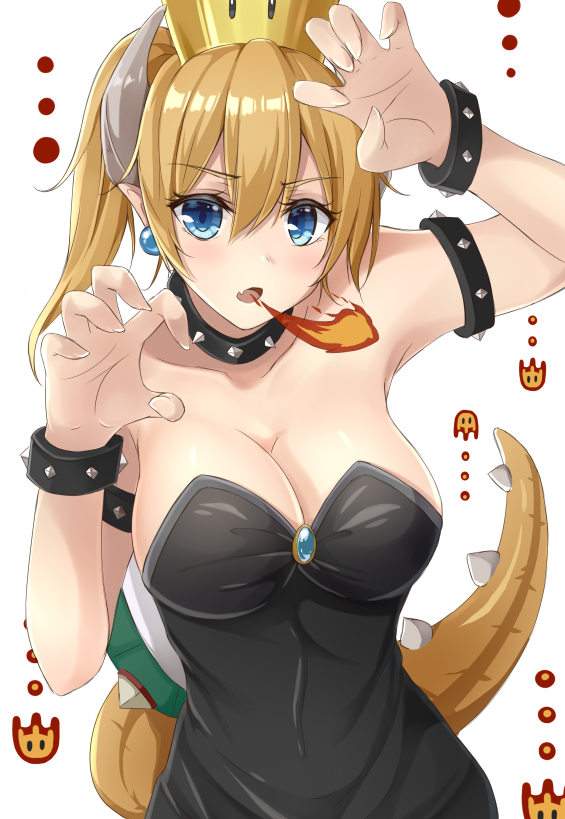 1girl bare_shoulders blonde_hair blue_eyes bowsette bracelet breasts breath_weapon breathing_fire claws cleavage collar crown dress earrings fire horns jewelry large_breasts leotard long_hair looking_at_viewer mario_(series) new_super_mario_bros._u_deluxe nintendo pointy_ears ponytail sakuramochi_usa sharp_teeth solo spiked_bracelet spiked_collar spikes super_crown teeth