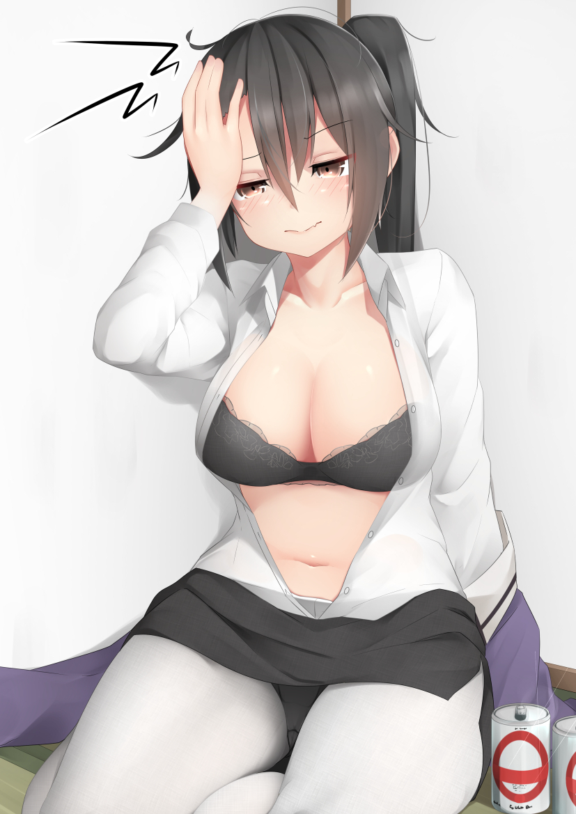 1girl bad_id bad_pixiv_id black_bra black_hair black_skirt blouse blush bra breasts brown_eyes cleavage closed_mouth drunk hair_between_eyes hair_ornament jacket kantai_collection large_breasts long_hair long_sleeves miniskirt nachi_(kancolle) nachi_kai_ni_(kancolle) navel ne_an_ito open_clothes panties pantyhose pantyshot purple_jacket shirt side_ponytail sitting skirt solo underwear uniform white_pantyhose white_shirt